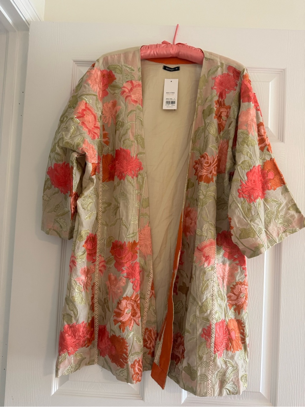 Floral Embroidered Kimono Jacket - Coral on Cream and gold